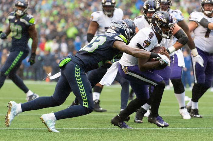 Oct 20, 2019; Seattle, WA, USA; Baltimore Ravens quarterback Lamar Jackson (8) during the second half at CenturyLink Field. Baltimore defeated Seattle 30-16.